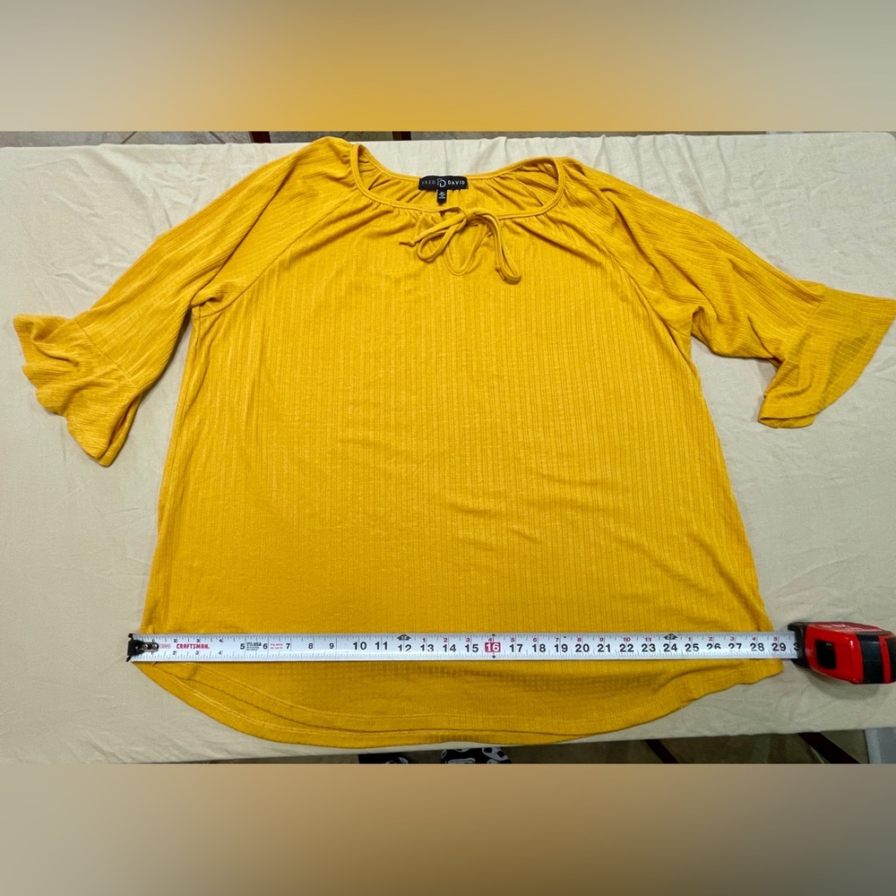 Fred David Yellow 3/4 Sleeve Ribbed Blouse with Tie Neck Accent, Plus Size 2X